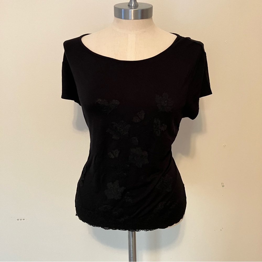 VTG Women’s S. PL Black Tshirt Lace Flowers Y2K Cropped Whimsygoth Fairy